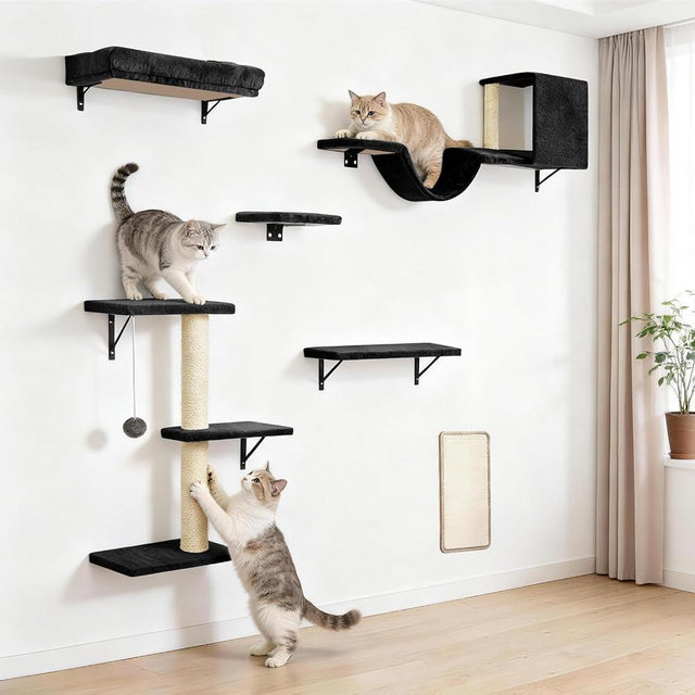 Fopetfy Cat Wall Shelves, Stable & Safe 6 in 1 Cat Furniture Set Black, for Cats to Climb, Hide, Lounge, and Scratch