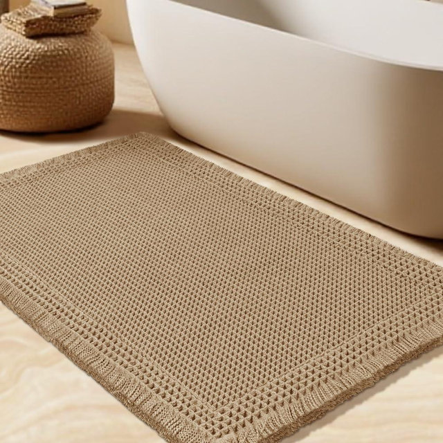 Waffle Bath Mat, Boho Woven Modern Bath Rug Absorbent Non Slip, Ultra Soft Bathroom Mats, Machine Washable Knit Bath Rugs with Border for Bathroom, Bedroom, Kitchen, Shower, Tub, 32"x20", Beige