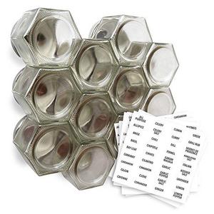 Gneiss Spice Large Empty Magnetic Spice Jars | Create a DIY Hanging Spice Rack on Your Fridge | Includes Hexagon Glass Jars, Magnetic Lids + Spice Labels (12 Large Jars, Silver Lids)