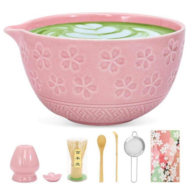 8 PCS Matcha Whisk Set Cute cute matcha bowl and Bamboo whisk set Ceremonical Matcha Making Kit Ceramic Whisk Holder Stand, Sifter, Scoop Japanese Tea Tools For Ceremony Gift-Pink