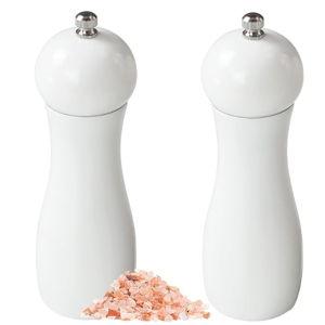 Manual Wooden Salt and Pepper Mills Shakers, 6.5 inch Salt and Pepper Grinders Set,Ceramic Rotor with Strong Adjustable Coarseness-White-2Pcs