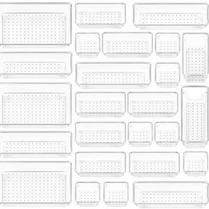 Vtopmart 25 PCS Clear Plastic Drawer Organizers Set, 4-Size Versatile Bathroom and Vanity Drawer Organizer Trays, Storage Bins for Makeup, Bedroom, Kitchen Gadgets Utensils and Office