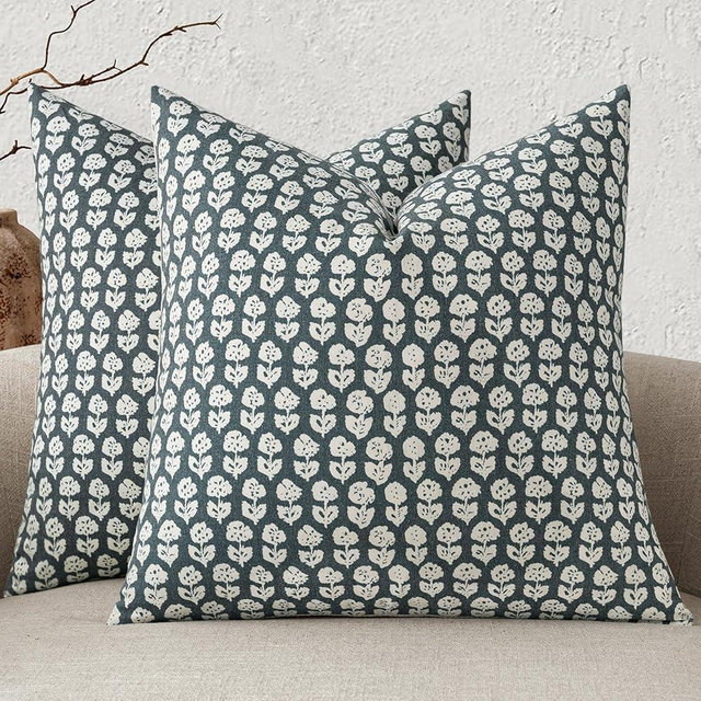 MIULEE Block Print Pillow Covers 18x18 Inch Set of 2, Vintage Floral Throw Pillow Cases Neutral Linen Farmhouse Cushion Covers for Couch Sofa Bed Chair Living Room, Dusty Blue
