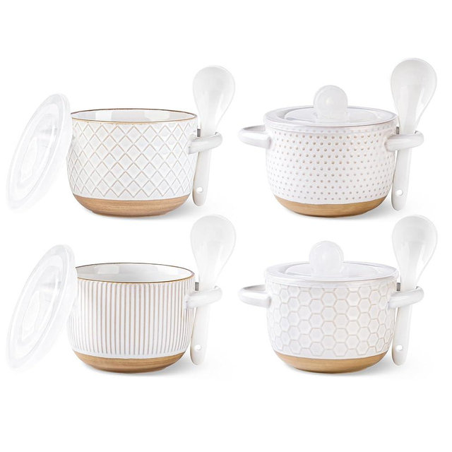 GBHOME 22 Ounces Soup Bowls with Large Handles and Lids, Stoneware Bowls Set of 4 with Spoon for Soup, Cereal, Stew, Colourful Ceramic Kitchen Bowls, Microwave&Dishwasher Safe, Off White