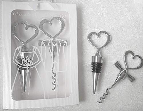 2 Piece Wine Stopper and Opener Love Set Heart Shaped Wine and Beverage Bottle Opener &Stopper, Wedding Souvenir Gift, Handheld Wine Bottle Cork Remover Accessory Tool - White Packaging