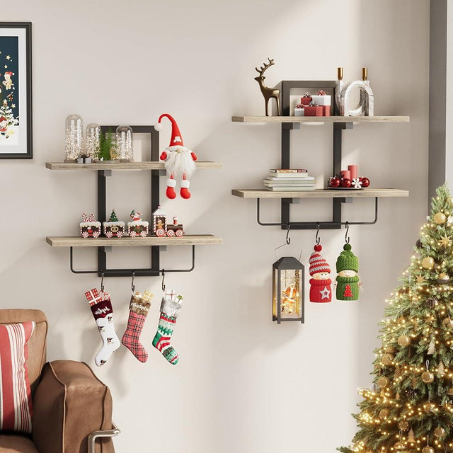 Creso hom Floating Shelves for Wall Set of 2, Wood Wall Shelf with 6 Hooks, 2 Tier Hanging Decorative Storage Shelves for Living Room Bedroom Bathroom Kitchen Office Coffee Bar, Greige
