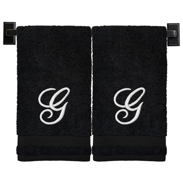 Custom Luxury Towels Black Hand Towels for Bathroom - Monogrammed | Luxury Cotton Turkish Towels | Embroidered in USA | Set of 2 | Choose Set Color and Letter | A - Z | Script Font