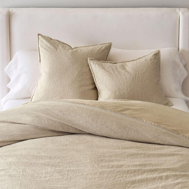 Belgian Flax Linen Fringed Border Stitch Duvet, Flax/White Border, Full/Queen