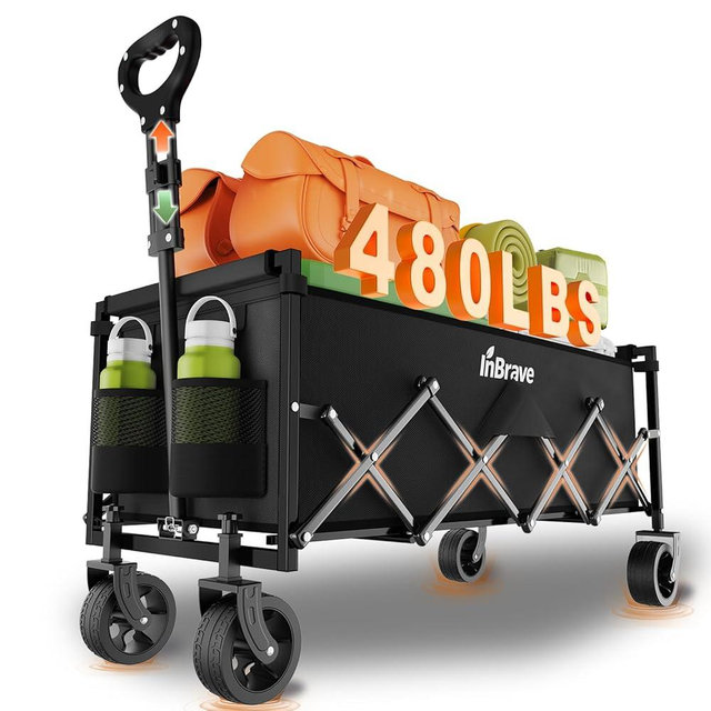 InBrave Extra Long Collapsible Wagon Cart, 480LBS Heavy Duty Utility Wagons with All-Terrain Wheels, Foldable Grocery Carts for Gardening, Shopping, Beach, Camping, Black