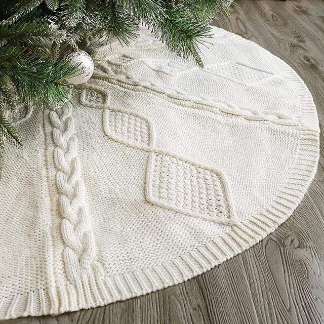 LimBridge Christmas Tree Skirt, 48 inches Diamond Knit Knitted Thick Rustic Xmas Holiday Decoration, Cream