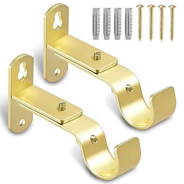 AMZSEVEN Adjustable Curtain Rod Brackets, Metal Window Drapery Rod Hanger Holders Hooks for 1 inch Rods (Warm Gold, Set of 2)