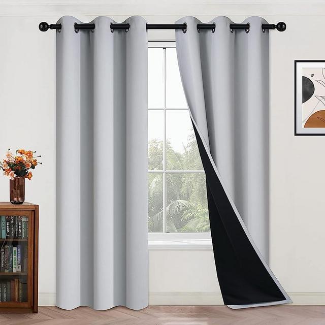 Yakamok 100% Blackout Curtains for Bedroom 84 Inch Length, 2 Thick Layers Thermal Insulated Grommet Total Blackout Drapes with Black Liner for Living Room (42Wx84L,Light Grey, 2 Panels)