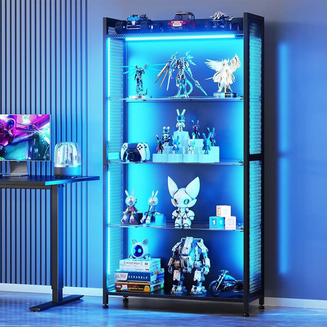 AODK Display Case with LED Lights, Display Cabinet with Glass Storage Shelves, 4-Tier Display Shelf for Collectibles, Curio Cabinet with Open Shelf, Black