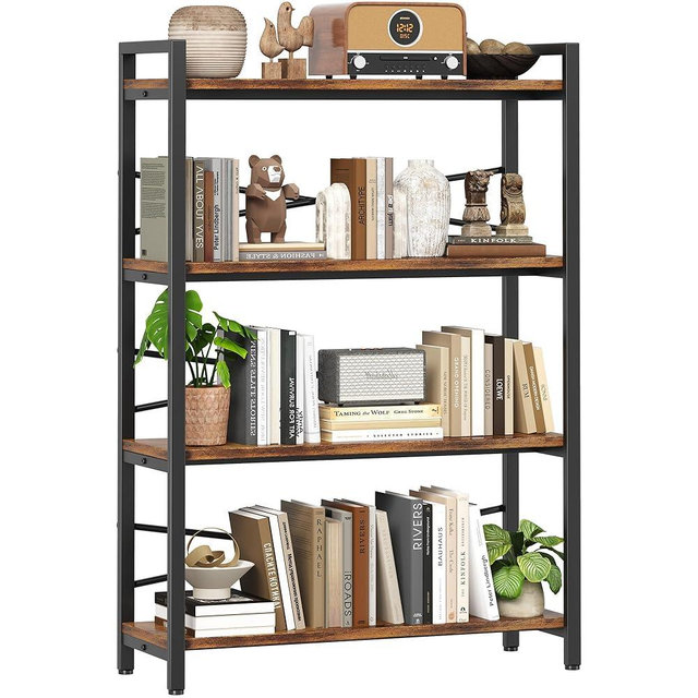 4 Tier Bookshelf 31.49" Width, Tall Book Shelf Storage and Organization, Wooden and Metal Industrial Bookcase, Large Book Shelves for Home Living Room Bedroom Office Storage(Vintage)