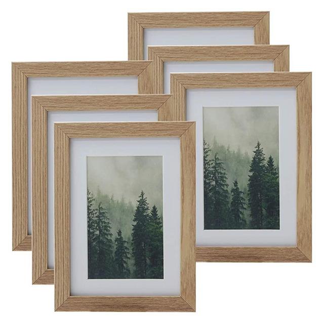 DUCIHBA 5 x 7 inch or 3.5 x 5.5 with Mat Picture Frames Tabletop Shelf Display or Wall Mount Vertically or Horizontally, Real Glass Acid Free Mat, Natural Oak Wood Grain Molding, Set of 6 Pack