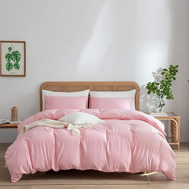 Pink Duvet Cover Queen, 100% Washed Microfiber Pink Bedding Set 3 Pieces Solid Duvet Cover, 1 Duvet Cover with 2 Pillowcases, with Zipper Closure, Ultra Soft Feel Natural Wrinkled (Pink, Queen)