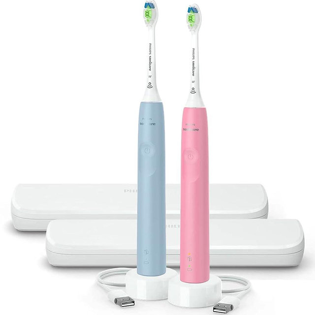 PHILIPS Sonicare Electric Toothbrush DiamondClean 2-Pack Bundle, Rechargeable Electric Tooth Brush with Pressure Sensor, Sonic Electronic Toothbrush, Travel Case, Pink & Blue