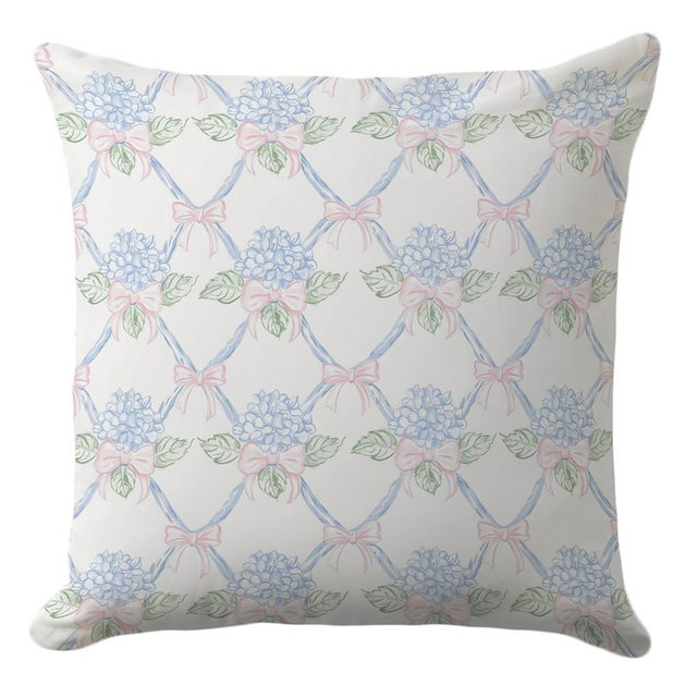Hydrangea Pillow Cover 18x18 – Vintage Floral Cushion with Bows – Pastel Coquette Throw Pillow Case for Girls Bedroom, Sofa or Cottagecore Decor