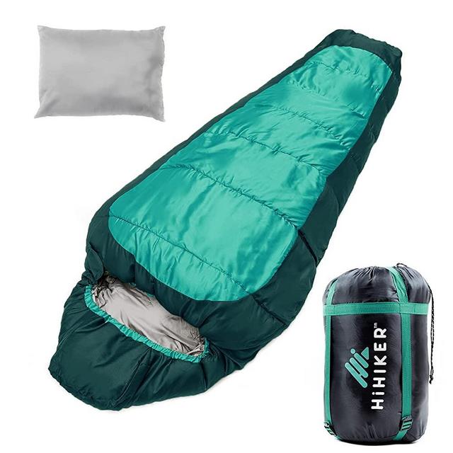 HiHiker Mummy Bag + Travel Pillow w/Compact Compression Sack – 4 Season Sleeping Bag for Adults & Kids – Lightweight Warm and Washable, for Hiking Traveling & Outdoor Activities