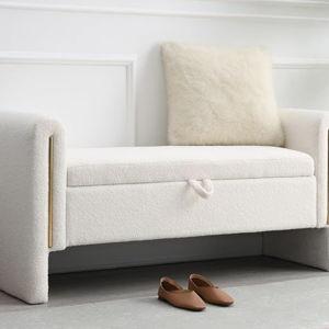 NIOIIKIT 52" Storage Ottoman Bench, Teddy Upholstered Storage Bench with Armrest, Entryway Bench with Pull-Ring, End of Bed Bench with Padded Cushion, Window Bench for Living Room (Beige)