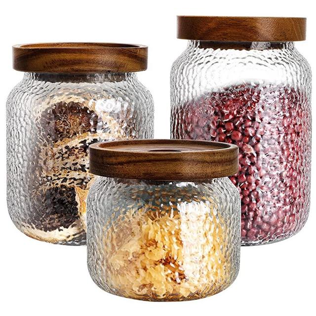 YOUEON Set of 3 Glass Storage Jars with Acacia Wood Lids Airtight, 10/20/24 Oz Kitchen Canister Clear Spice Jars, Stackable Food Storage Containers for Coffee Bean, Snack, Candy, Pantry Organization