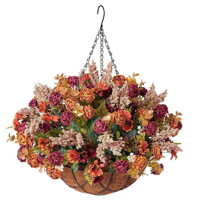 Artificial Hanging Flower with Basket for Home Courtyard Decoration, Artificial Silk Rose Fake Plant Arrangement in 12 inch Coconut Lining Basket for Outdoor Indoor Decor,10 Bundles with Basket(Brown)