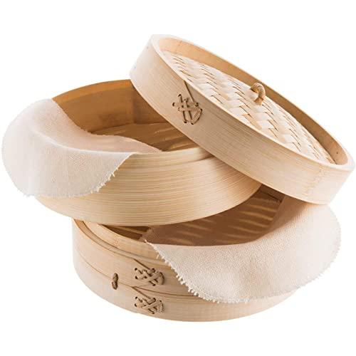 REISHUNGER Bamboo Steamer Handmade Basket, Traditional 2-Tier Design - 8 Inch - For Dumplings, Rice, Dim Sum, Vegetables, Fish and Meat - Incl. 2 Cotton Cloths
