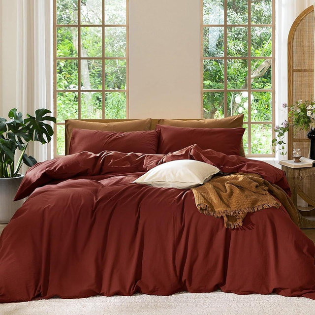 MooMee Bedding Duvet Cover Set 100% Washed Cotton Linen Like Textured Breathable Durable Soft Comfy (Solid Fired Brick Red, King 104"x90")