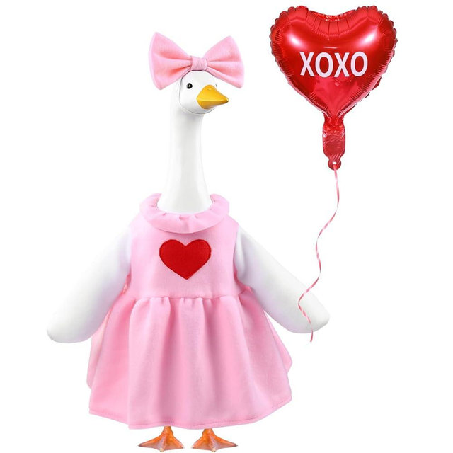 Teeanzo Valentine's Day Goose Outfit with Balloon for 23" Porch Goose Holiday Pink Red Heart Cloths Costume Valentines Party Outdoor Garden Patio Yard Lawn Art Decoration