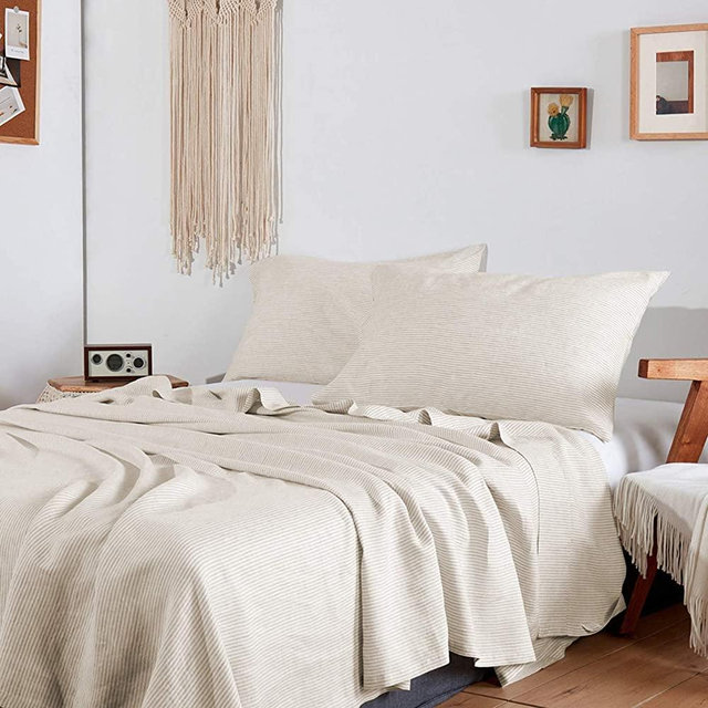 Simple&Opulence 100% Linen Sheets California King-4 Pieces-Breathable,Hypoallergenic,Natural European Flax Bed Sheet Set with 14" Fitted Sheet ,1 Flat Sheet,2 Pillowcases(Natural Vertical Stripes)