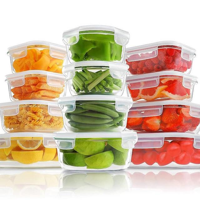 HOMBERKING 12 Sets Glass Food Storage Containers with Lids, Glass Meal Prep Containers, Airtight Glass Bento Boxes, BPA Free & Leak Proof, Pantry Kitchen Storage(12 lids & 12 Containers) - White