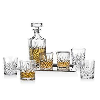 Dublin Whiskey Bar Set - Includes Whisky Decanter, 6 Old Fashioned Tumbler Glasses and Mirrored Display Tray