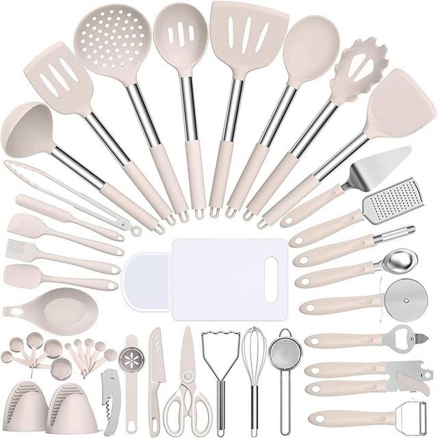 Silicone Cooking Utensil Set, Umite Chef 43 PCS Heat Resistant Kitchen Utensil Gadgets Set-Stainless Steel Handle- Kitchen Spatula Tools for Nonstick Cookware, Pots and Pans Accessories (Khaki)