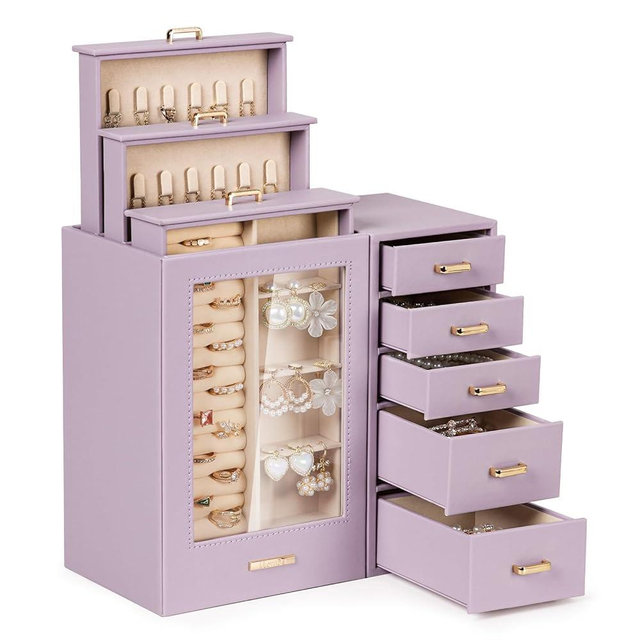Homde Large Jewelry Box/Organizer/Case with Glass Window, Drawers for Necklaces Earrings Rings Bracelets Watches Gift for Women Girls