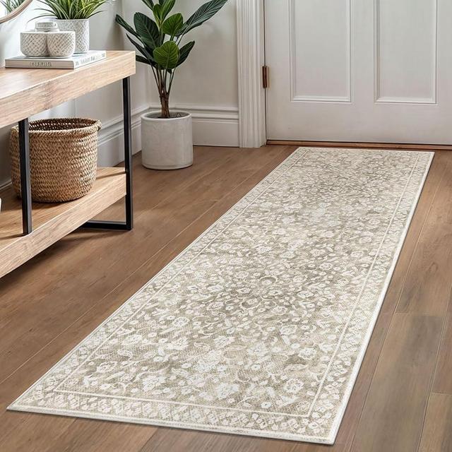 SILOLOOM Vintage Washable Runner Rug 2x6, Beige Runners for hallways, Super Soft Neutral Kitchen Runner Rug Non Slip, Print Faux Wool Floral Thin Carpet Runner for Entryway Indoor Laundry Room Bedroom