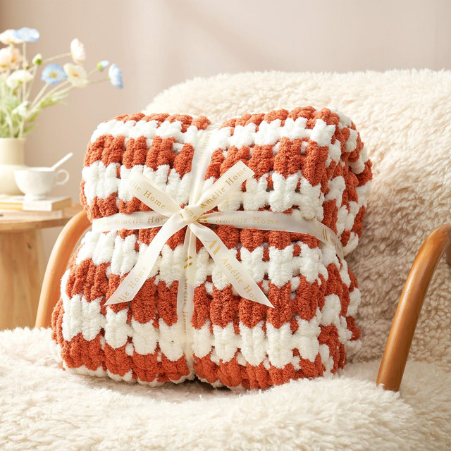 Amelie Home Chunky Knit Blanket Throw,Handmade Chenille Cable Knitted Crochet Throw Blanket,Throw