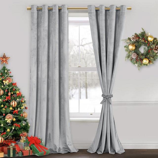 JIUZHEN Velvet Curtains for Living Room - Thermal Insualted Room Darkening Grommet Soft Retro Window Drapes for Bedroom, Set of 2 Window Curtain Panels with Tiebacks, 52 x 96 inches，Silver Grey