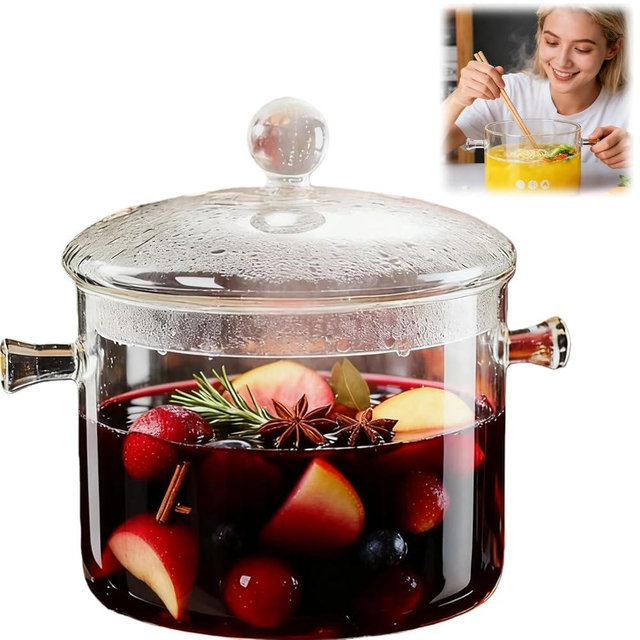 Clear Glass Potpourri Simmer Pot and Cookware for Cooking Stews Hot Beverages Noodles Milk Baby Food Spices, Borosilicate Glass Saucepan Stove Top Boiling Pot and Pan with Lid, Heat Resistance, 1.9L