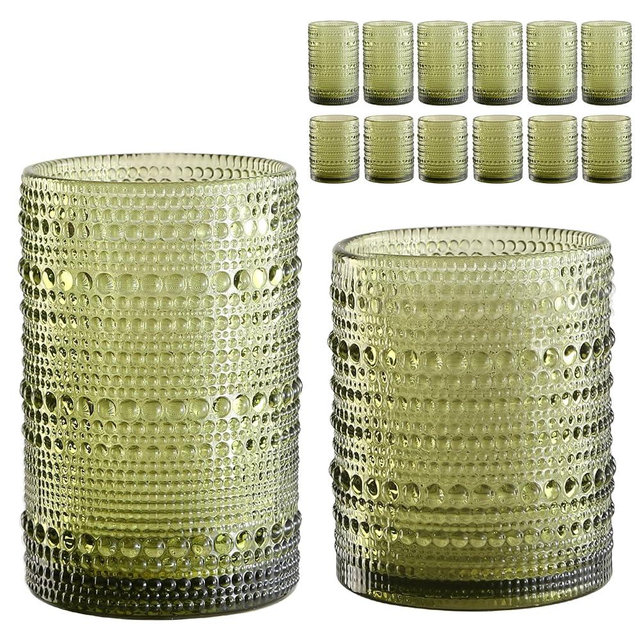 ZMOWIPDL Vintage Glassware Drinking Glasses Set of 12,Green 12oz & 15oz Hobnail Glass Cups,Embossed Water Tumbler,for Beer,Cocktail,Whiskey,Juice and Various Mixed Drinks- 1 Cleaning Brush