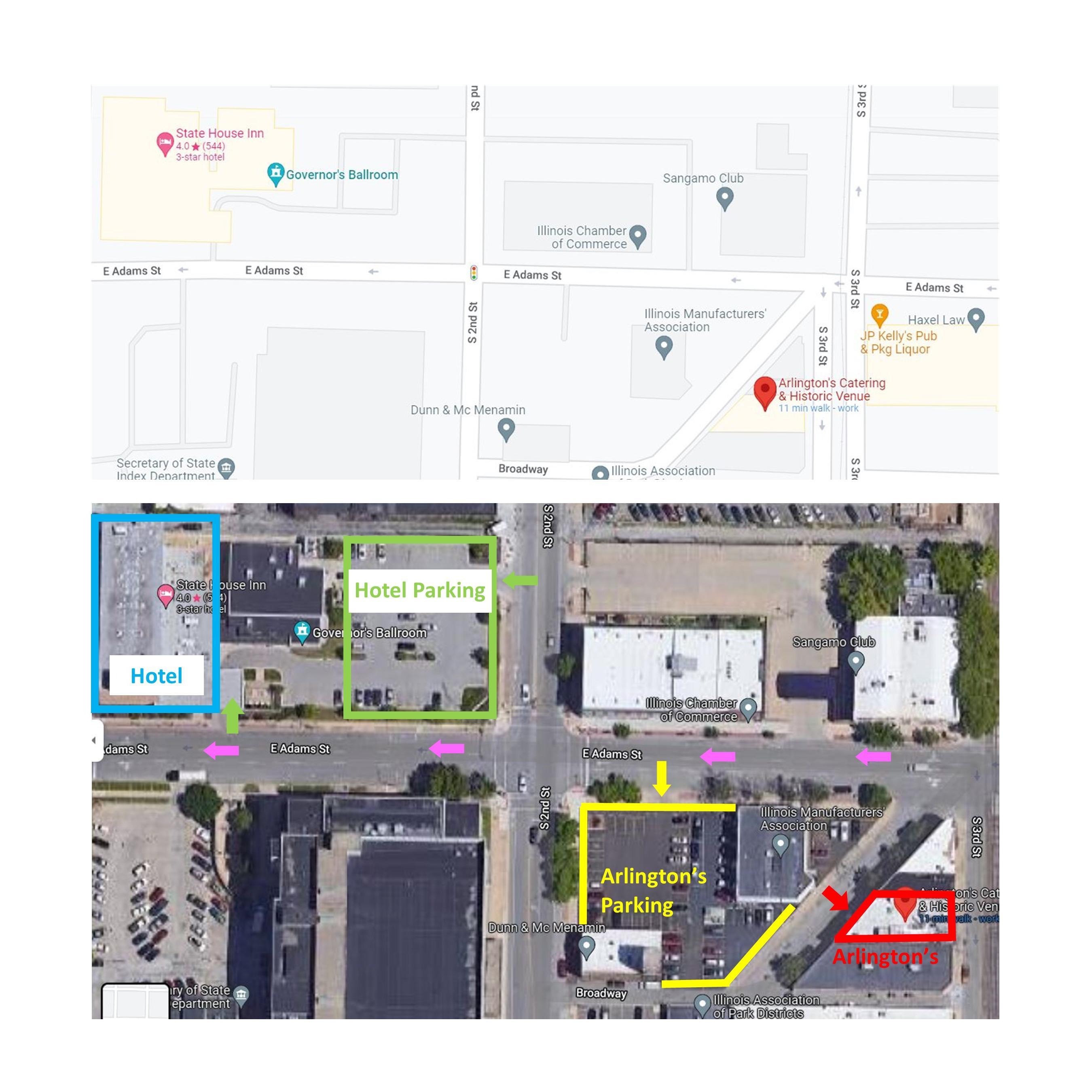 The hotel is across the street from the reception venue.  If you are staying at the hotel, I would suggest parking there - it's a very quick walk.  