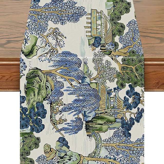 Snycler 13x108 Inch Table Runner Chinoiserie Vintage Style Mountain Spring Summer Table Runner, Seasonal House Trees Luxury Farmhouse Kitchen Dining Table Decoration for Home Party Decor