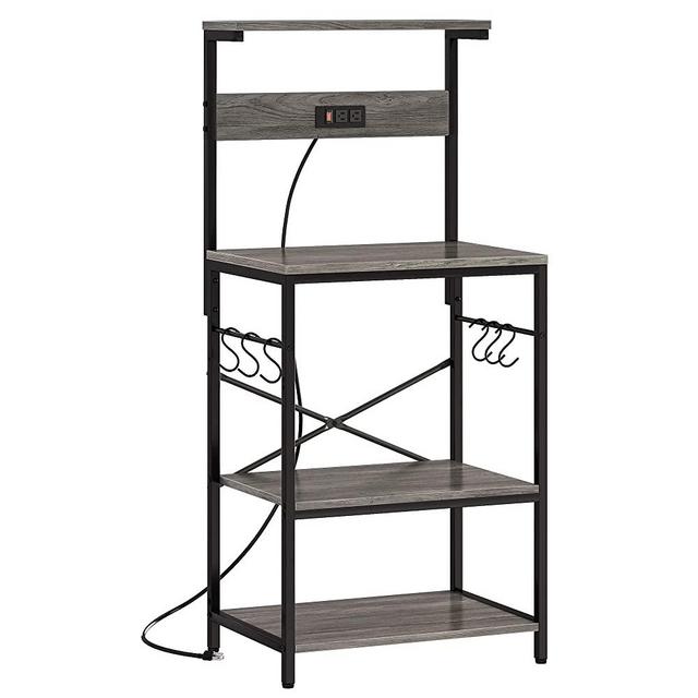 SUPERJARE Kitchen Bakers Rack with Power Outlet, Coffee Bar Table 4 Tiers, Kitchen Microwave Stand with 6 S-shaped Hooks, Kitchen Storage Shelf Rack for Spices, Pots and Pans - Charcoal Gray