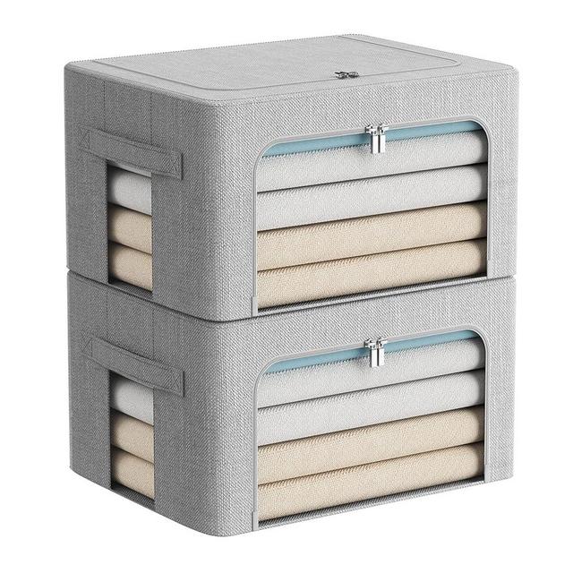 2 Pack Clothes Storage Bins - Stackable Metal Frame Storage Box Foldable Linen Fabric Organizer with Carrying Handles and Clear Window-22L (Light Gray, 15.7X 11.8X 7.8Inch)