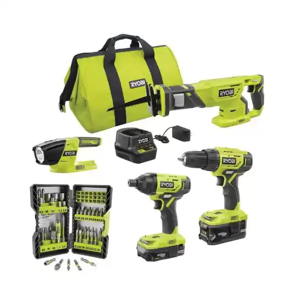 RYBOI ONE+ 18V Cordless 4-Tool Combo Kit w/(2) Batteries, Charger & Bag w/Bonus Impact Rated Driving Kit