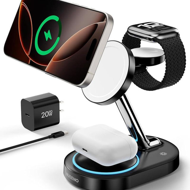 Nubeno Charging Station for iPhone 16/16 Pro/16 Pro Max, Wireless Charger for MagSafe iPhones, 3 in 1 Magnetic Charger Stand for iPhone 16/15/14/13/12 Series, Apple Watch & AirPods.(Blk)