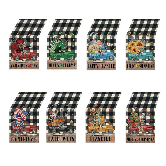 YOVOYOA 8 Pcs Truck Holiday Table Runners 72 Inches Long, Rustic Truck Fall Winter Halloween Christmas Burlap Table Runners, Car Buffalo Plaid Dining Table Decor for Farmhouse Garden Party Supplies