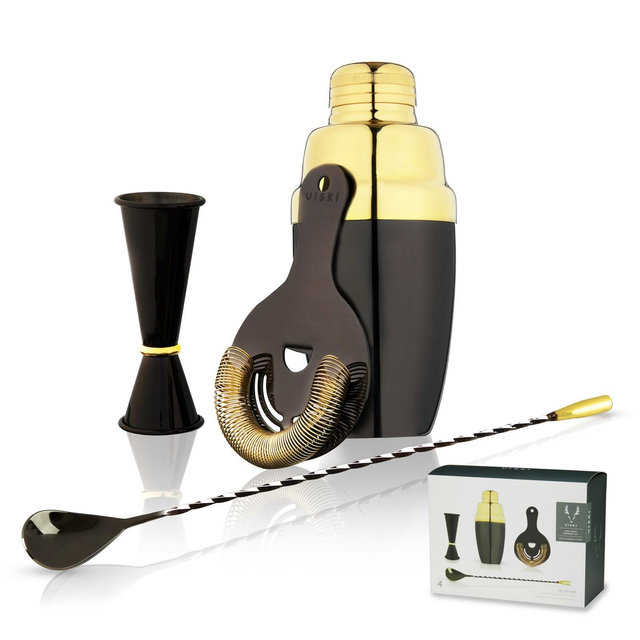 Viski Essential Barware Set, Includes Cobbler Shaker, Hawthorne Strainer, and Bar Spoon, Two Tone Gold and Gunmetal, Stainless Steel, Set of 4, Black