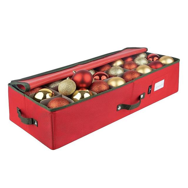 Christmas Ornament Storage - Stores up to 64 Holiday Ornaments, Adjustable Dividers, Covered Top and Two Handles. Attractive Storage Box Keeps Holiday Decorations Clean and Dry for Next Season. (Red, Underbed)