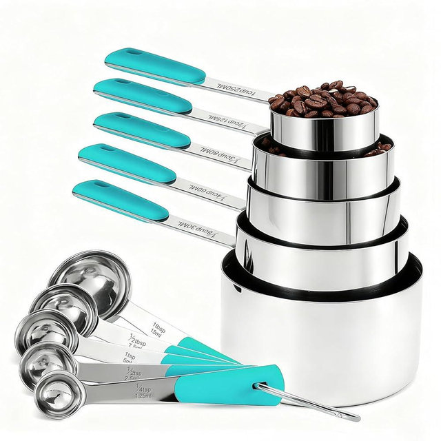 Bopei Measuring Cups and Spoons Set Stainless Steel 10 Piece for Cooking and Baking (5 Cups + 5 Spoons, Aqua Sky Handle)