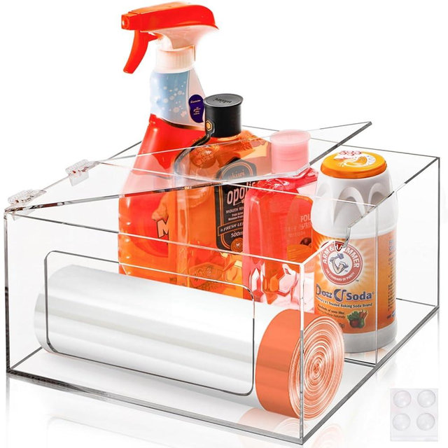YIMITEE Acrylic Trash Bag Dispenser Holder, 2 in 1 Garbage Bag Roll Holder Under Sink, Standard Grocery Bags Storage Container with Lid, Laundry Storage Organizer Bin for Kitchen, Bathroom, Pantry